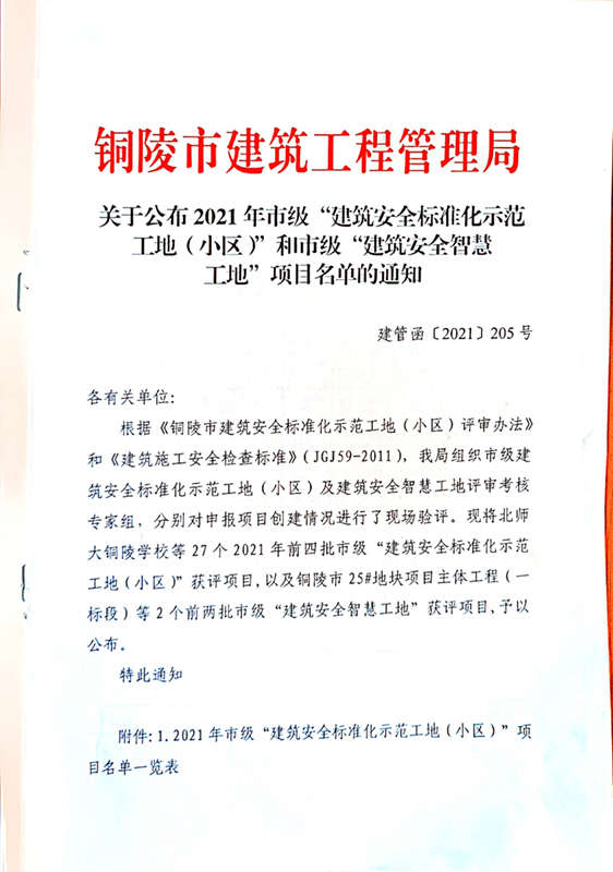 我公司一項目獲市級“建筑安全標(biāo)準(zhǔn)化示范工地”等兩項市級榮譽